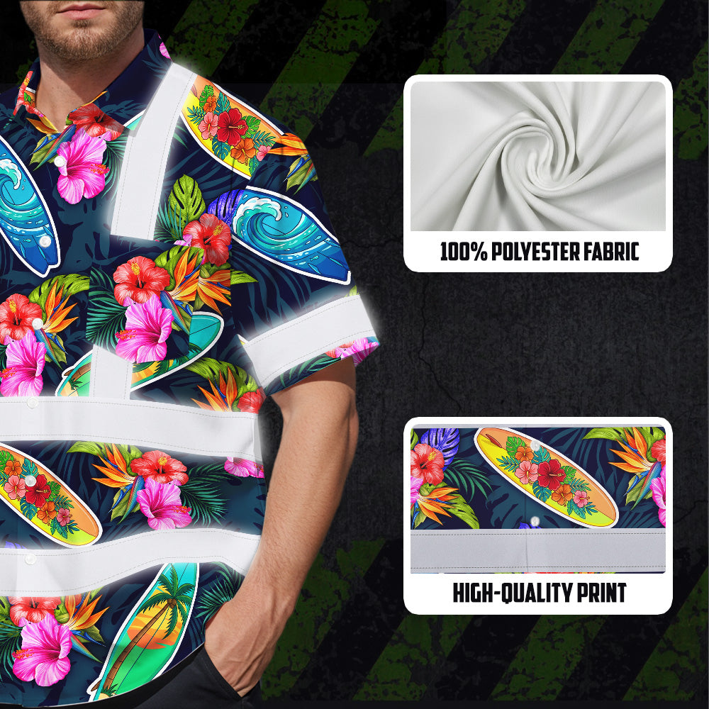 Hi Vis Hawaiian Shirt Reflective Tapes Surfboard Flower Sea Pattern Custom Name Safety Workwear For Mechanics, Workers, Truckers, Operators