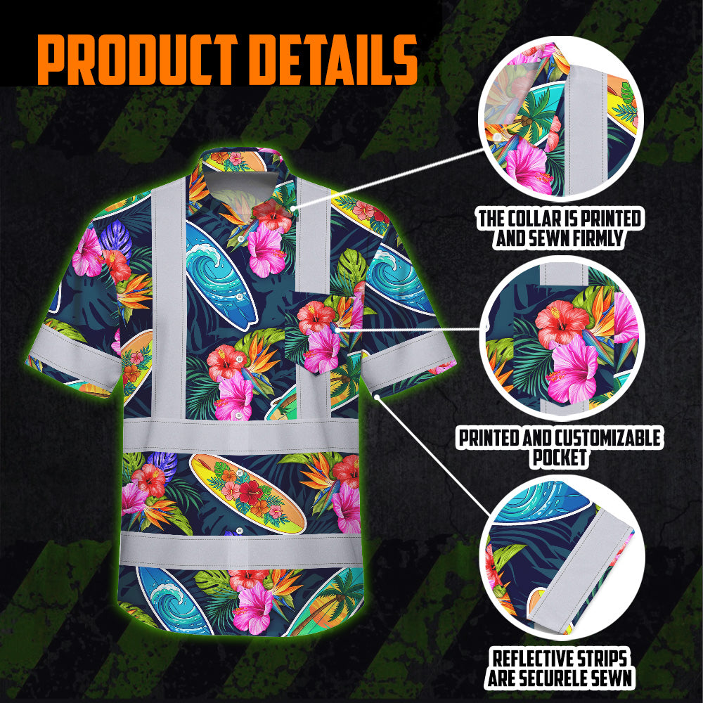 Hi Vis Hawaiian Shirt Reflective Tapes Surfboard Flower Sea Pattern Custom Name Safety Workwear For Mechanics, Workers, Truckers, Operators