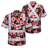 Hi Vis Hawaiian Shirt Reflective Tapes Red Canada Flag Flower Custom Name Safety Workwear For Mechanics, Workers, Truckers, Operators