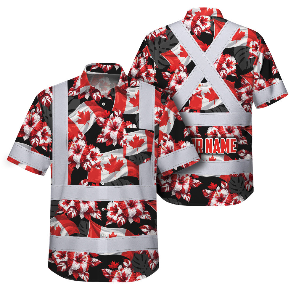 Hi Vis Hawaiian Shirt Reflective Tapes Red Canada Flag Flower Custom Name Safety Workwear For Mechanics, Workers, Truckers, Operators