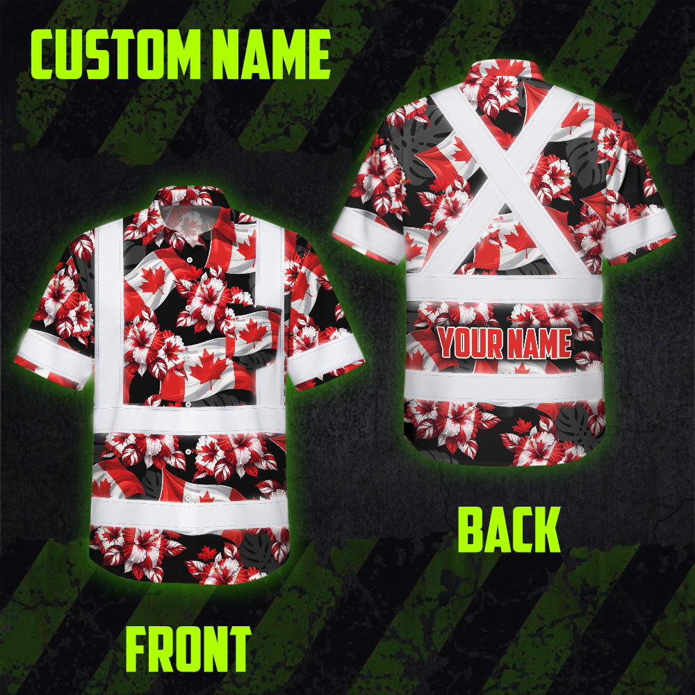 Hi Vis Hawaiian Shirt Reflective Tapes Red Canada Flag Flower Custom Name Safety Workwear For Mechanics, Workers, Truckers, Operators
