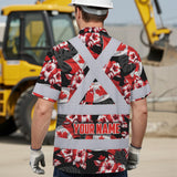Hi Vis Hawaiian Shirt Reflective Tapes Red Canada Flag Flower Custom Name Safety Workwear For Mechanics, Workers, Truckers, Operators