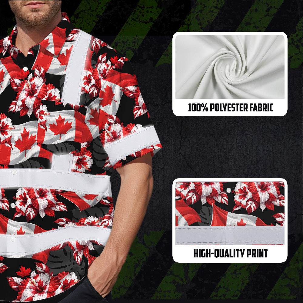 Hi Vis Hawaiian Shirt Reflective Tapes Red Canada Flag Flower Custom Name Safety Workwear For Mechanics, Workers, Truckers, Operators