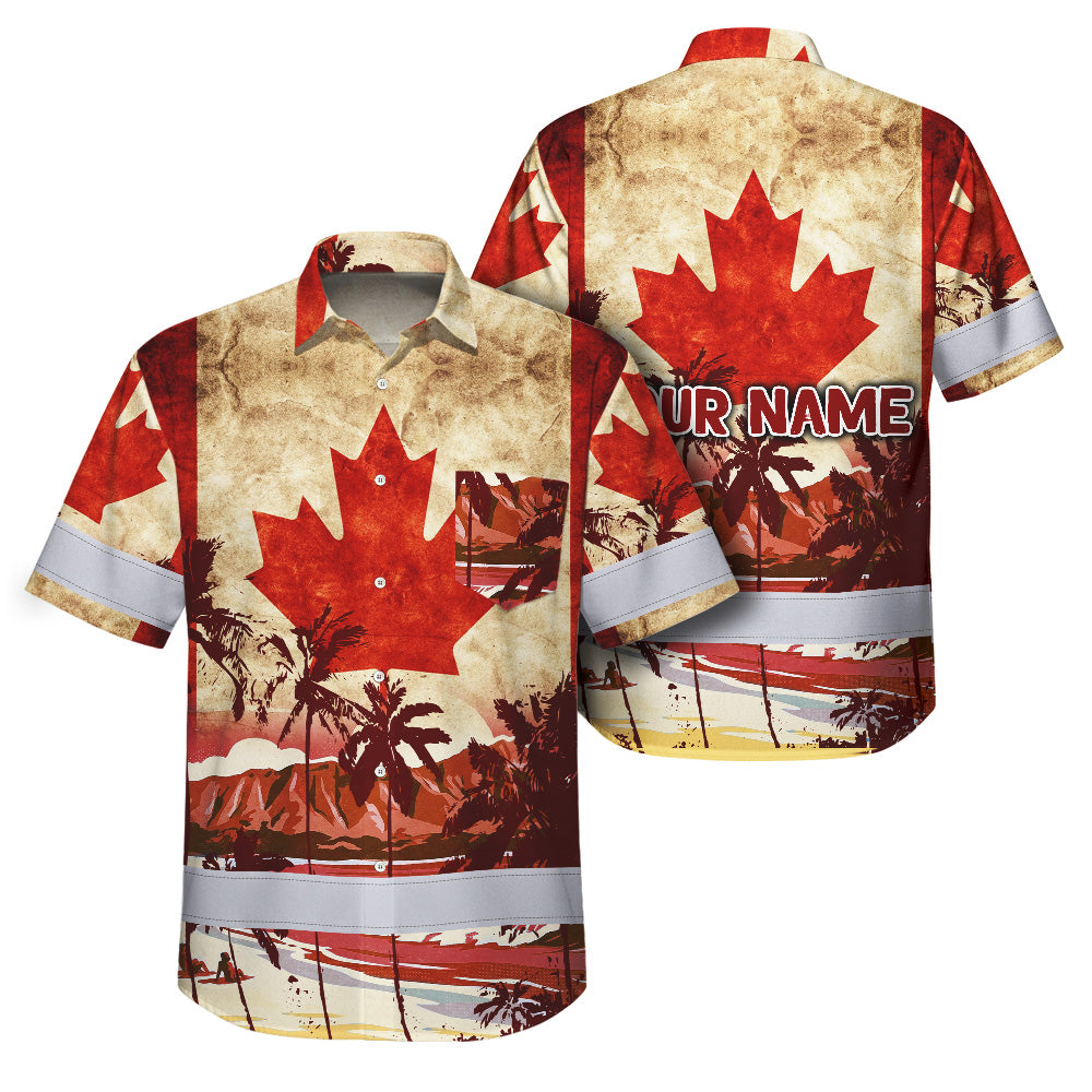 Hi Vis Hawaiian Shirt Reflective Tapes Red Canada Flag Tree Custom Name Safety Workwear For Mechanics, Workers, Truckers, Operators