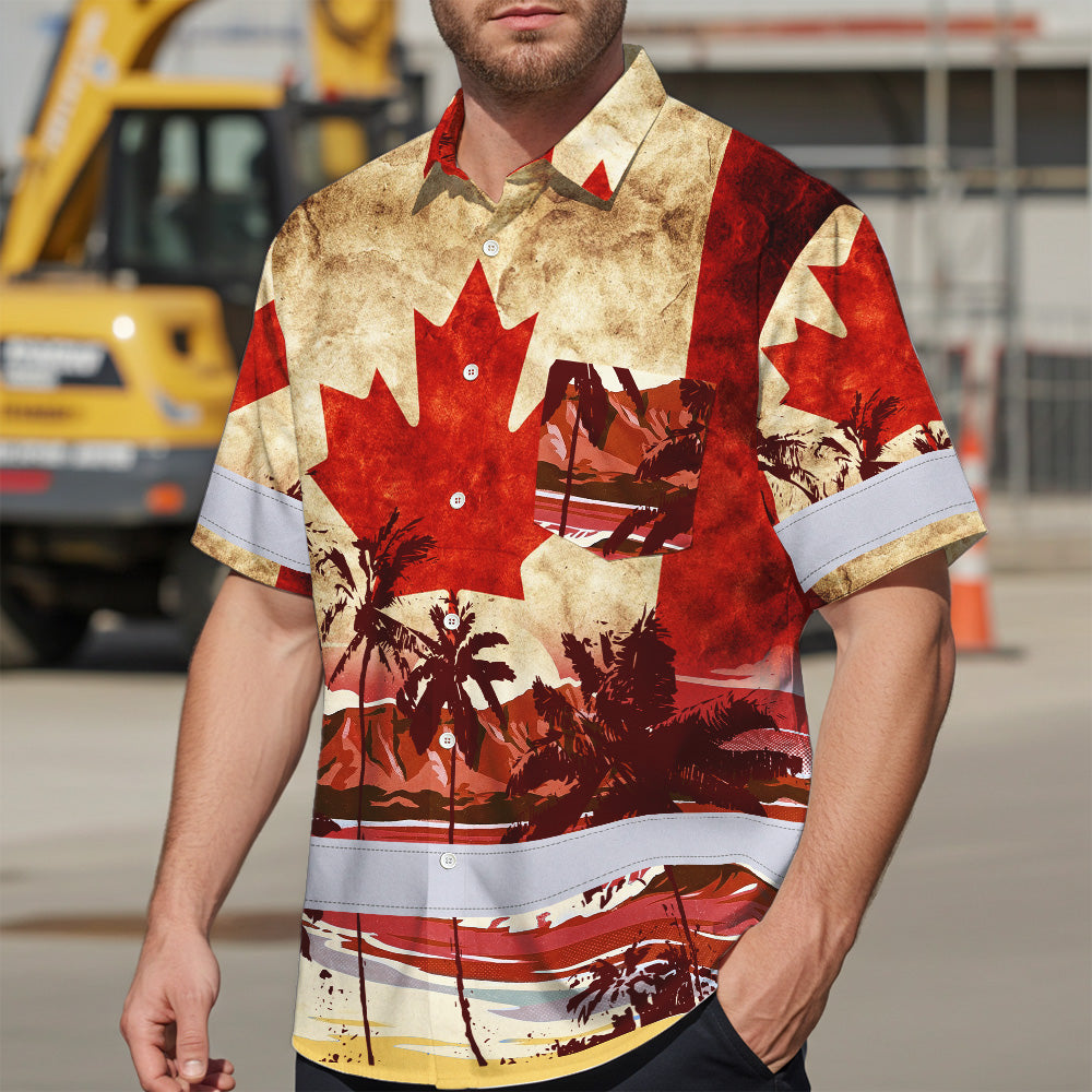 Hi Vis Hawaiian Shirt Reflective Tapes Red Canada Flag Tree Custom Name Safety Workwear For Mechanics, Workers, Truckers, Operators