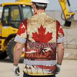 Hi Vis Hawaiian Shirt Reflective Tapes Red Canada Flag Tree Custom Name Safety Workwear For Mechanics, Workers, Truckers, Operators