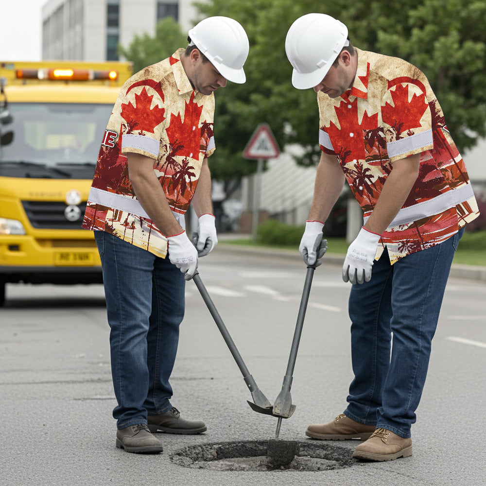 Hi Vis Hawaiian Shirt Reflective Tapes Red Canada Flag Tree Custom Name Safety Workwear For Mechanics, Workers, Truckers, Operators