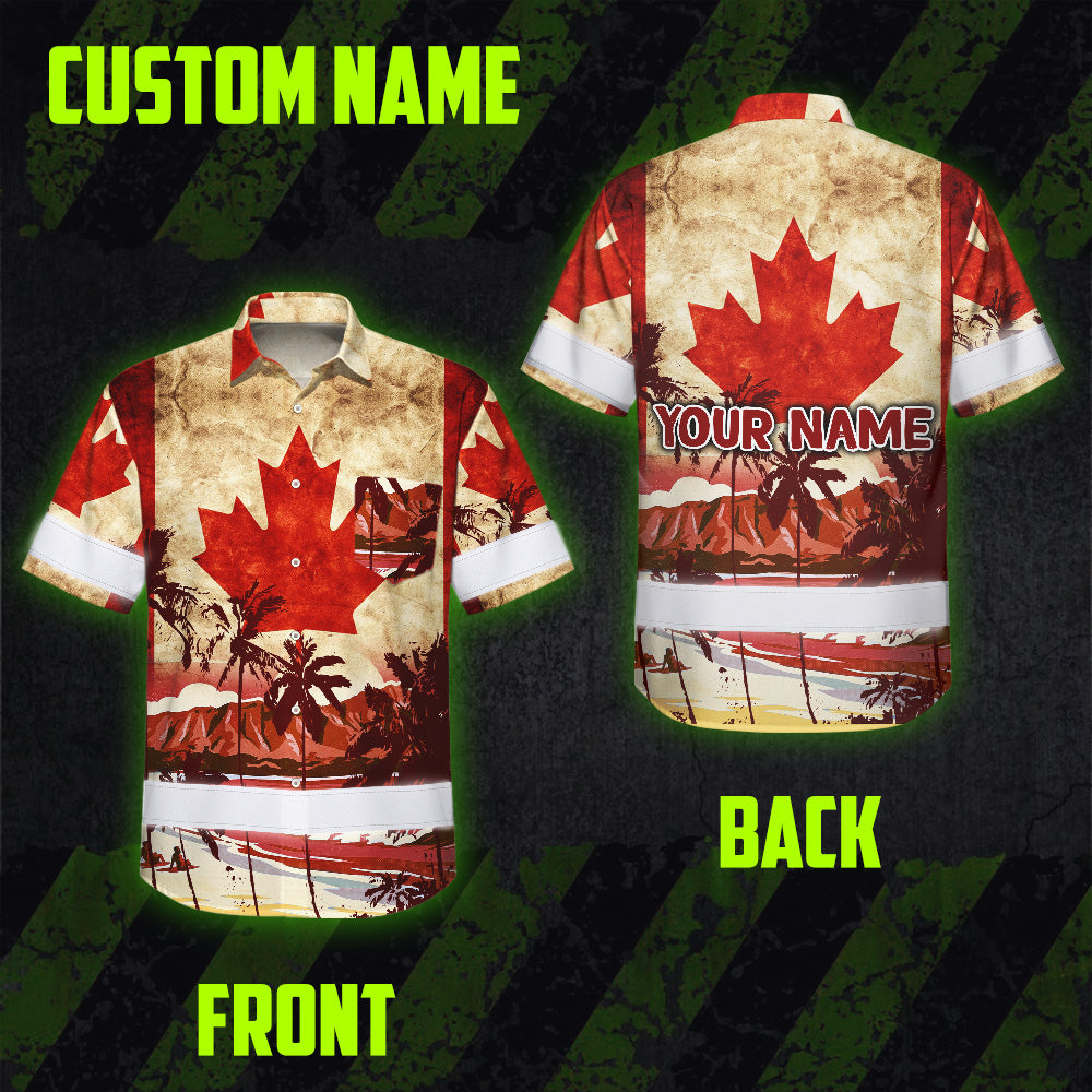 Hi Vis Hawaiian Shirt Reflective Tapes Red Canada Flag Tree Custom Name Safety Workwear For Mechanics, Workers, Truckers, Operators