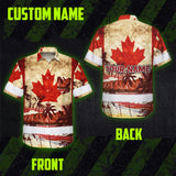 Hi Vis Hawaiian Shirt Reflective Tapes Red Canada Flag Tree Custom Name Safety Workwear For Mechanics, Workers, Truckers, Operators