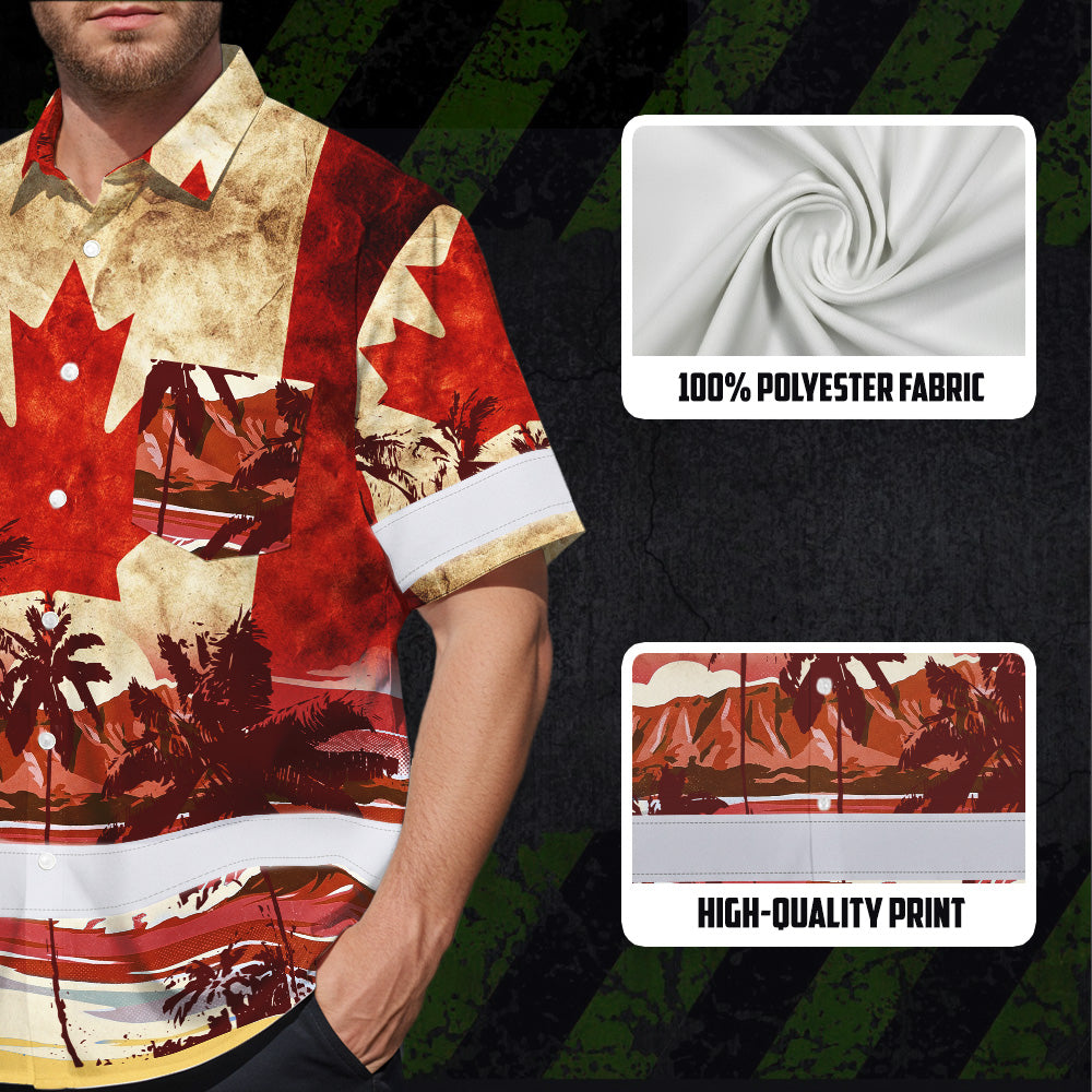 Hi Vis Hawaiian Shirt Reflective Tapes Red Canada Flag Tree Custom Name Safety Workwear For Mechanics, Workers, Truckers, Operators