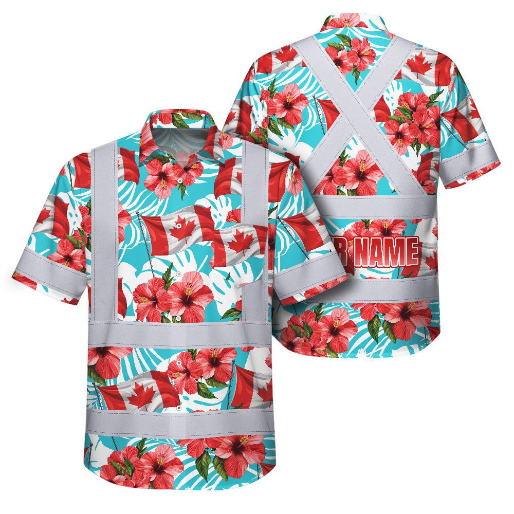 Hi Vis Hawaiian Shirt Reflective Tapes Red Canada Flag Flower 2 Custom Name Safety Workwear For Mechanics, Workers, Truckers, Operators