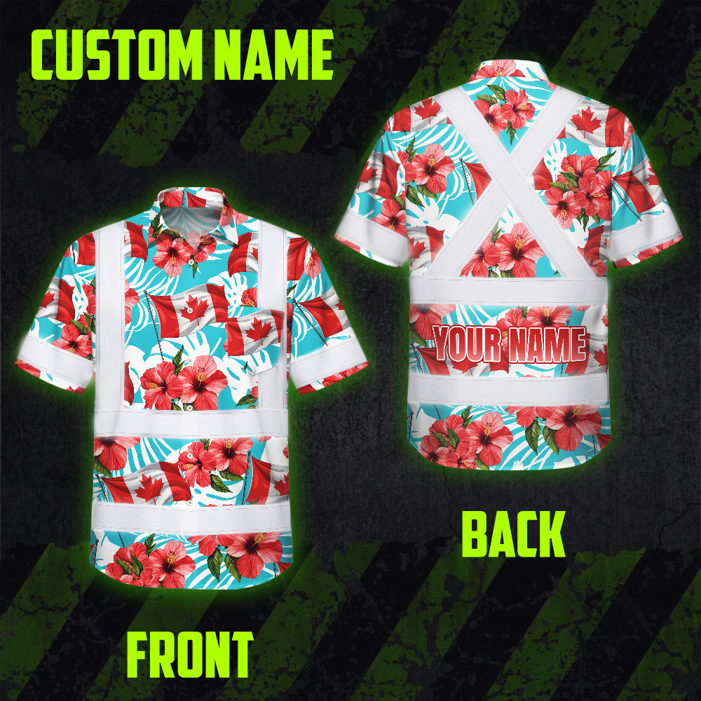 Hi Vis Hawaiian Shirt Reflective Tapes Red Canada Flag Flower 2 Custom Name Safety Workwear For Mechanics, Workers, Truckers, Operators