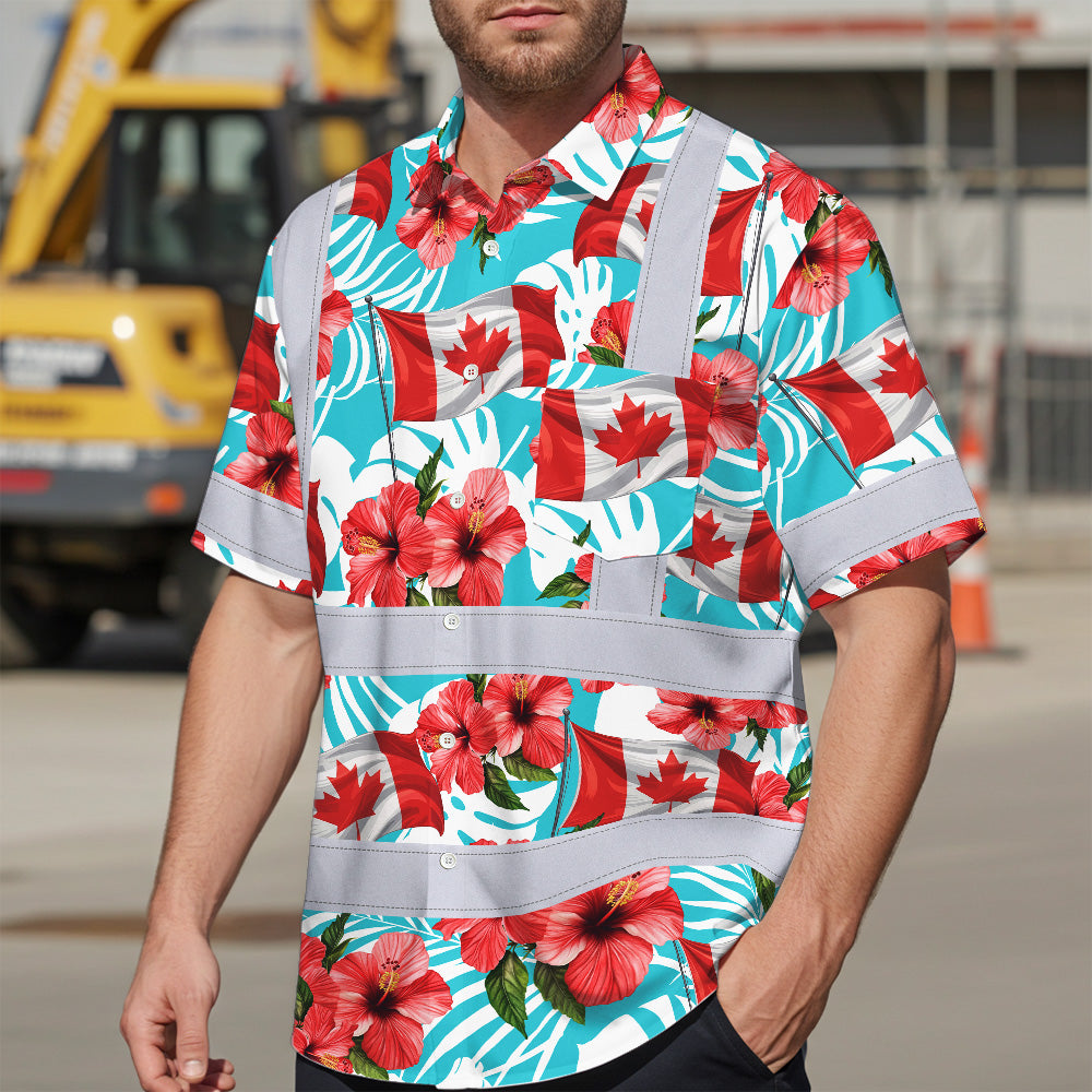Hi Vis Hawaiian Shirt Reflective Tapes Red Canada Flag Flower 2 Custom Name Safety Workwear For Mechanics, Workers, Truckers, Operators