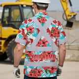 Hi Vis Hawaiian Shirt Reflective Tapes Red Canada Flag Flower 2 Custom Name Safety Workwear For Mechanics, Workers, Truckers, Operators