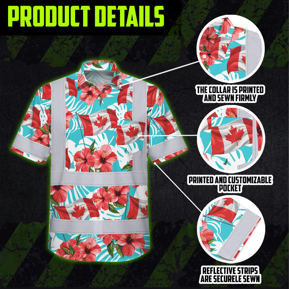 Hi Vis Hawaiian Shirt Reflective Tapes Red Canada Flag Flower 2 Custom Name Safety Workwear For Mechanics, Workers, Truckers, Operators