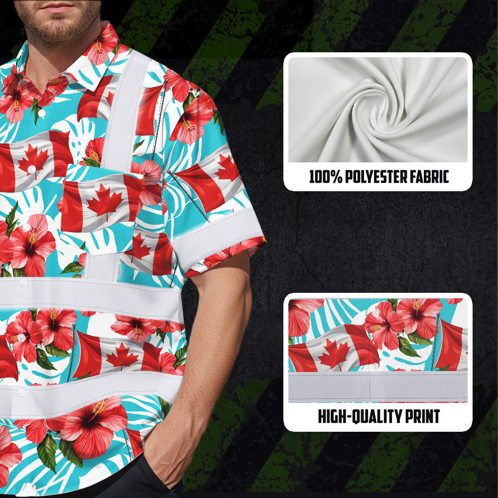 Hi Vis Hawaiian Shirt Reflective Tapes Red Canada Flag Flower 2 Custom Name Safety Workwear For Mechanics, Workers, Truckers, Operators