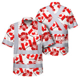 Hi Vis Hawaiian Shirt Reflective Tapes Red Canada Flag Flower 3 Custom Name Safety Workwear For Mechanics, Workers, Truckers, Operators