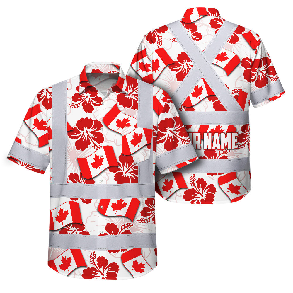 Hi Vis Hawaiian Shirt Reflective Tapes Red Canada Flag Flower 3 Custom Name Safety Workwear For Mechanics, Workers, Truckers, Operators