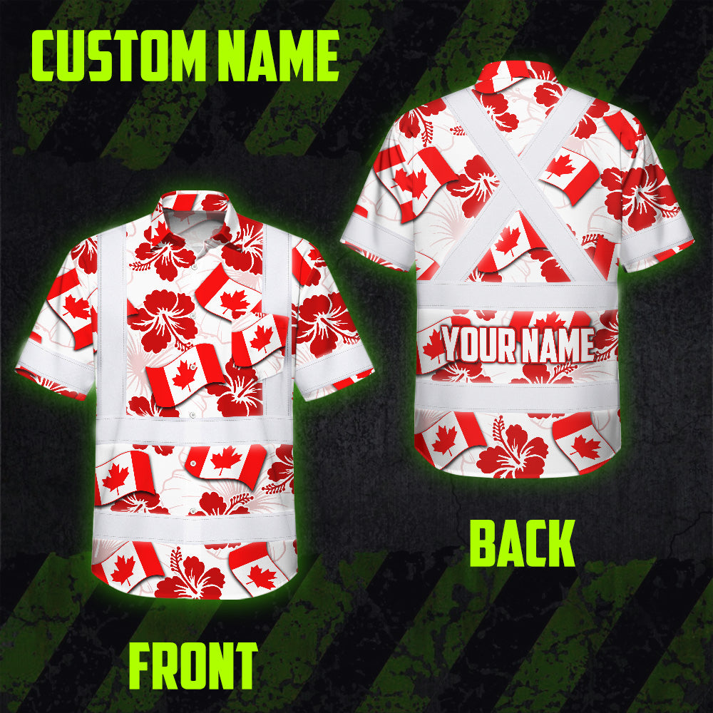 Hi Vis Hawaiian Shirt Reflective Tapes Red Canada Flag Flower 3 Custom Name Safety Workwear For Mechanics, Workers, Truckers, Operators