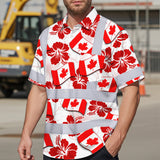 Hi Vis Hawaiian Shirt Reflective Tapes Red Canada Flag Flower 3 Custom Name Safety Workwear For Mechanics, Workers, Truckers, Operators
