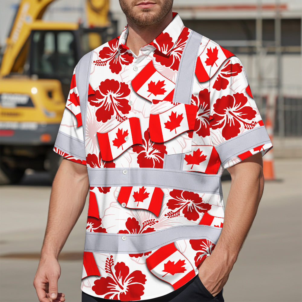 Hi Vis Hawaiian Shirt Reflective Tapes Red Canada Flag Flower 3 Custom Name Safety Workwear For Mechanics, Workers, Truckers, Operators