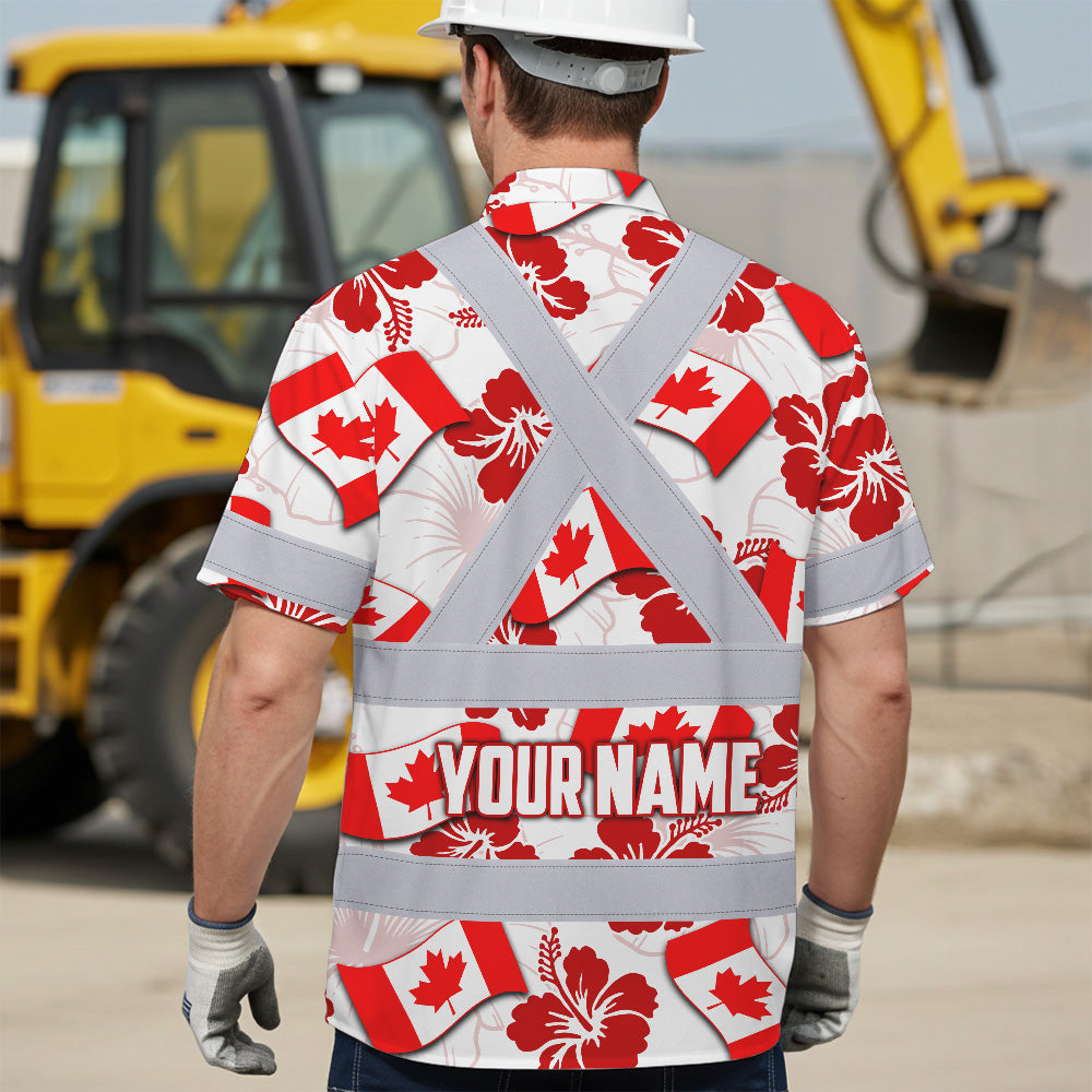 Hi Vis Hawaiian Shirt Reflective Tapes Red Canada Flag Flower 3 Custom Name Safety Workwear For Mechanics, Workers, Truckers, Operators