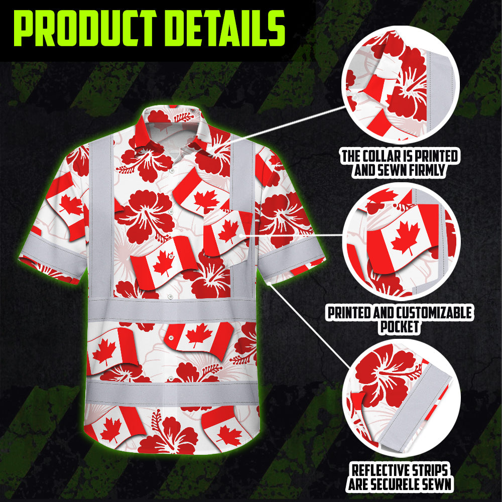 Hi Vis Hawaiian Shirt Reflective Tapes Red Canada Flag Flower 3 Custom Name Safety Workwear For Mechanics, Workers, Truckers, Operators