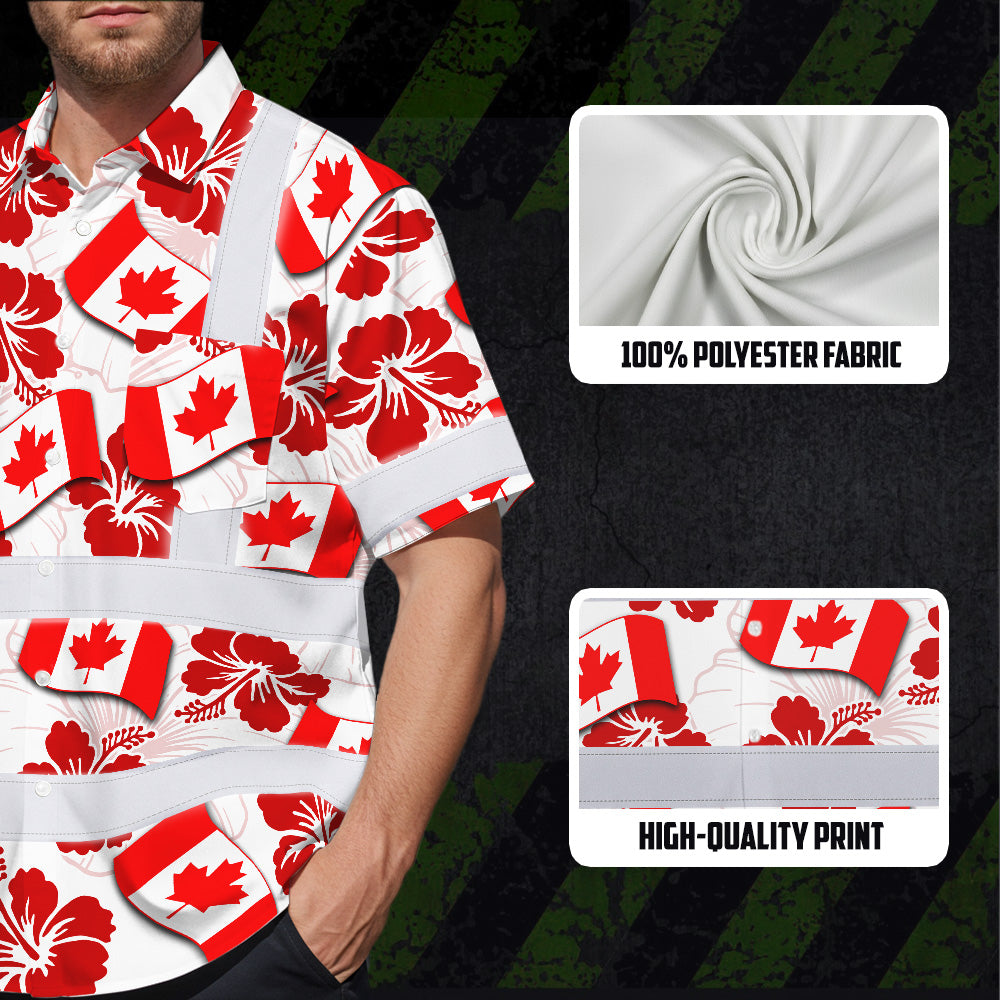 Hi Vis Hawaiian Shirt Reflective Tapes Red Canada Flag Flower 3 Custom Name Safety Workwear For Mechanics, Workers, Truckers, Operators