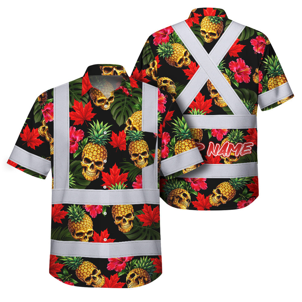 Hi Vis Hawaiian Shirt Reflective Tapes Tropical Canada Flower Custom Name Safety Workwear For Mechanics, Workers, Truckers, Operators