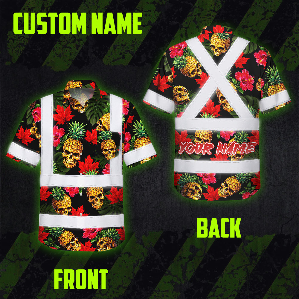 Hi Vis Hawaiian Shirt Reflective Tapes Tropical Canada Flower Custom Name Safety Workwear For Mechanics, Workers, Truckers, Operators