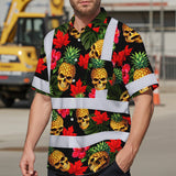 Hi Vis Hawaiian Shirt Reflective Tapes Tropical Canada Flower Custom Name Safety Workwear For Mechanics, Workers, Truckers, Operators
