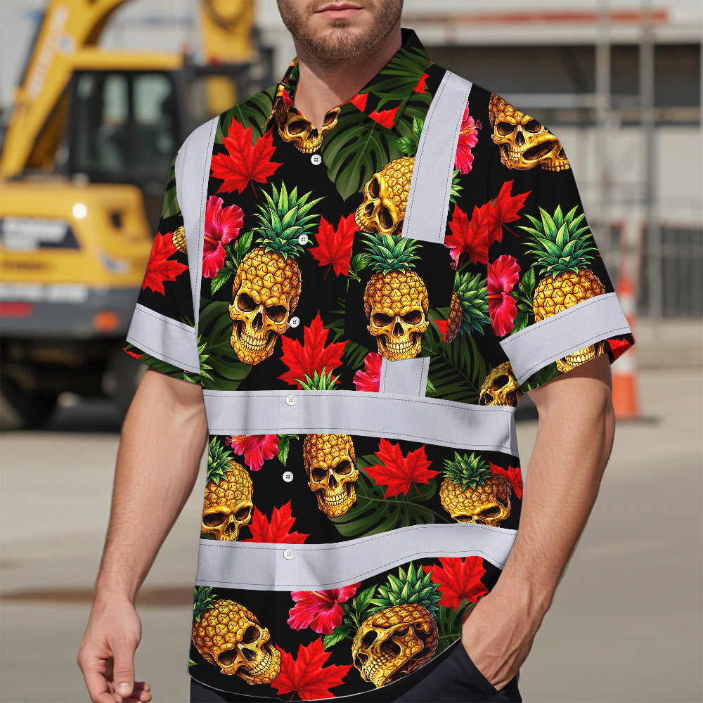 Hi Vis Hawaiian Shirt Reflective Tapes Tropical Canada Flower Custom Name Safety Workwear For Mechanics, Workers, Truckers, Operators