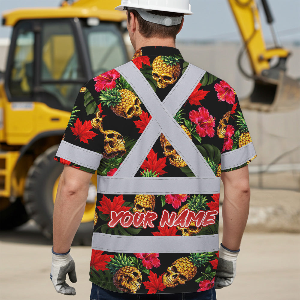 Hi Vis Hawaiian Shirt Reflective Tapes Tropical Canada Flower Custom Name Safety Workwear For Mechanics, Workers, Truckers, Operators