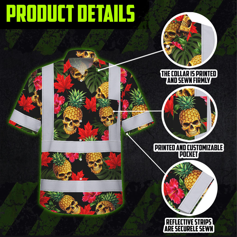 Hi Vis Hawaiian Shirt Reflective Tapes Tropical Canada Flower Custom Name Safety Workwear For Mechanics, Workers, Truckers, Operators