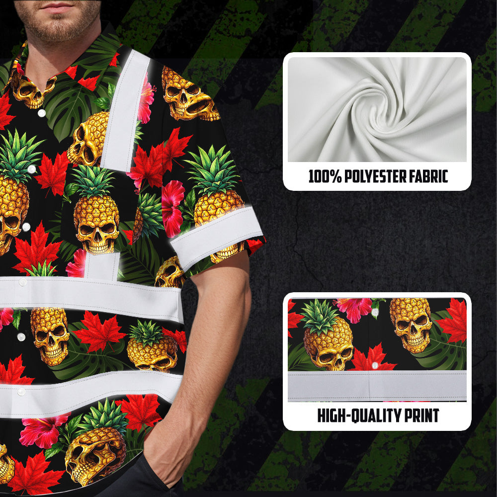 Hi Vis Hawaiian Shirt Reflective Tapes Tropical Canada Flower Custom Name Safety Workwear For Mechanics, Workers, Truckers, Operators