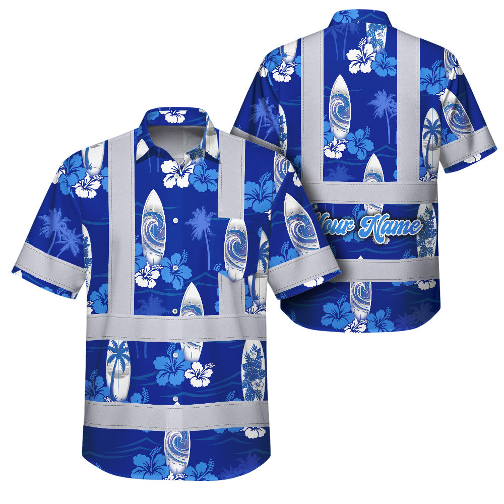 Hi Vis Hawaiian Shirt Reflective Tapes Blue Surfboard Flower Sea Pattern Custom Name Safety Workwear For Mechanics, Workers, Truckers, Operators
