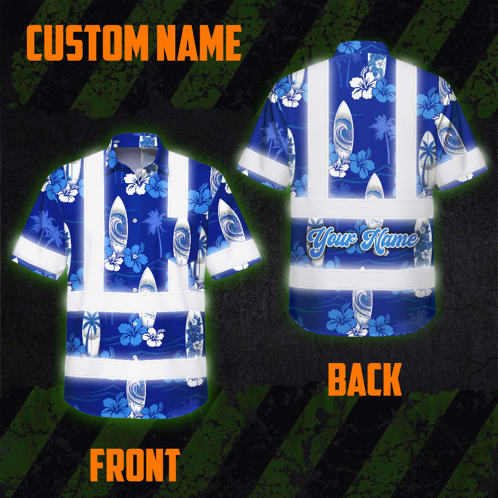 Hi Vis Hawaiian Shirt Reflective Tapes Blue Surfboard Flower Sea Pattern Custom Name Safety Workwear For Mechanics, Workers, Truckers, Operators