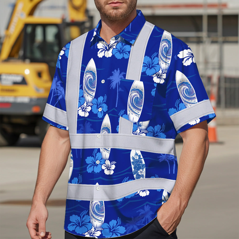 Hi Vis Hawaiian Shirt Reflective Tapes Blue Surfboard Flower Sea Pattern Custom Name Safety Workwear For Mechanics, Workers, Truckers, Operators