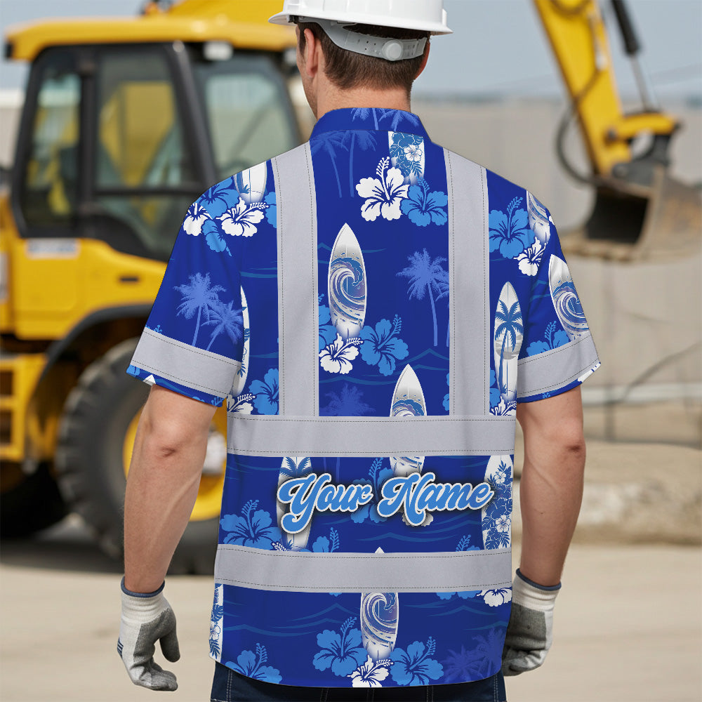 Hi Vis Hawaiian Shirt Reflective Tapes Blue Surfboard Flower Sea Pattern Custom Name Safety Workwear For Mechanics, Workers, Truckers, Operators