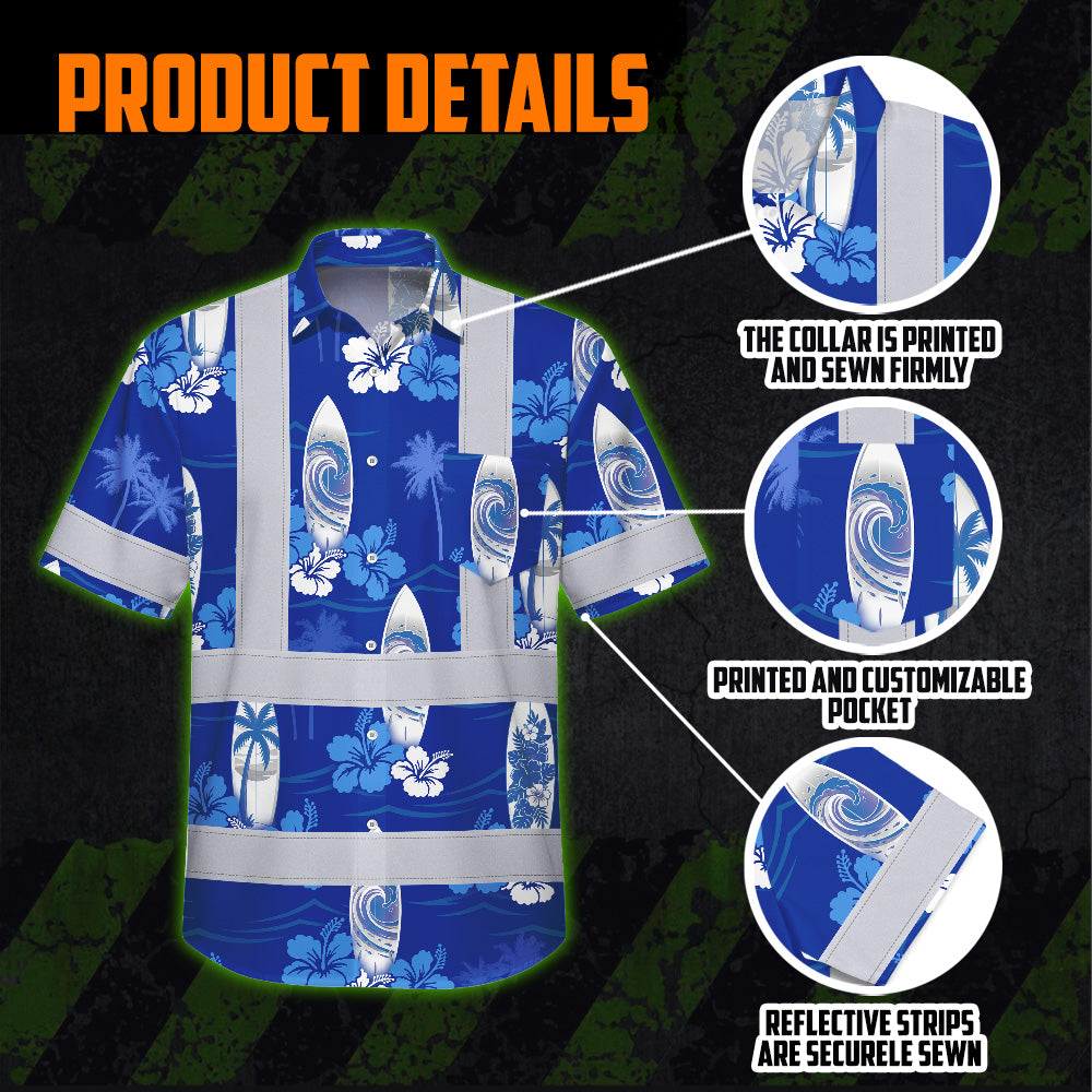 Hi Vis Hawaiian Shirt Reflective Tapes Blue Surfboard Flower Sea Pattern Custom Name Safety Workwear For Mechanics, Workers, Truckers, Operators