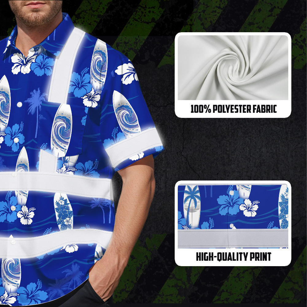 Hi Vis Hawaiian Shirt Reflective Tapes Blue Surfboard Flower Sea Pattern Custom Name Safety Workwear For Mechanics, Workers, Truckers, Operators