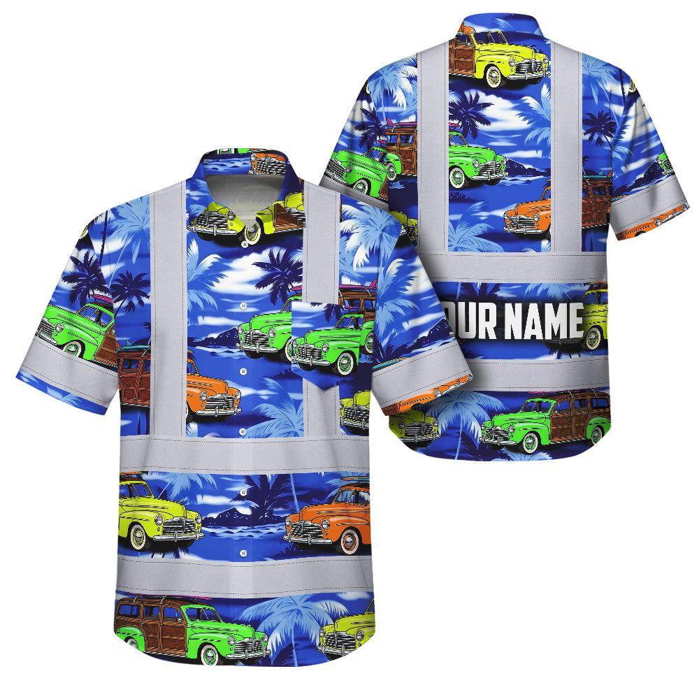 Hi Vis Hawaiian Shirt Reflective Tapes Blue Car Tree Sea Pattern Custom Name Safety Workwear For Mechanics, Workers, Truckers, Operators