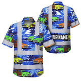 Hi Vis Hawaiian Shirt Reflective Tapes Blue Car Tree Sea Pattern Custom Name Safety Workwear For Mechanics, Workers, Truckers, Operators