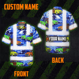 Hi Vis Hawaiian Shirt Reflective Tapes Blue Car Tree Sea Pattern Custom Name Safety Workwear For Mechanics, Workers, Truckers, Operators