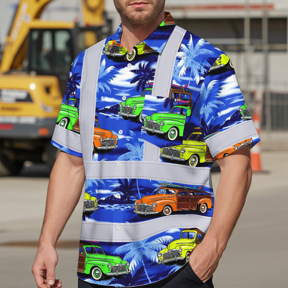 Hi Vis Hawaiian Shirt Reflective Tapes Blue Car Tree Sea Pattern Custom Name Safety Workwear For Mechanics, Workers, Truckers, Operators