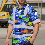 Hi Vis Hawaiian Shirt Reflective Tapes Blue Car Tree Sea Pattern Custom Name Safety Workwear For Mechanics, Workers, Truckers, Operators