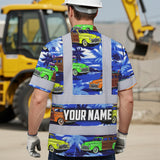 Hi Vis Hawaiian Shirt Reflective Tapes Blue Car Tree Sea Pattern Custom Name Safety Workwear For Mechanics, Workers, Truckers, Operators