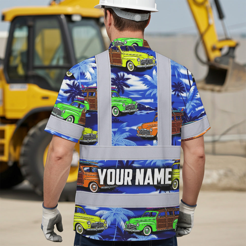 Hi Vis Hawaiian Shirt Reflective Tapes Blue Car Tree Sea Pattern Custom Name Safety Workwear For Mechanics, Workers, Truckers, Operators