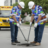 Hi Vis Hawaiian Shirt Reflective Tapes Blue Car Tree Sea Pattern Custom Name Safety Workwear For Mechanics, Workers, Truckers, Operators