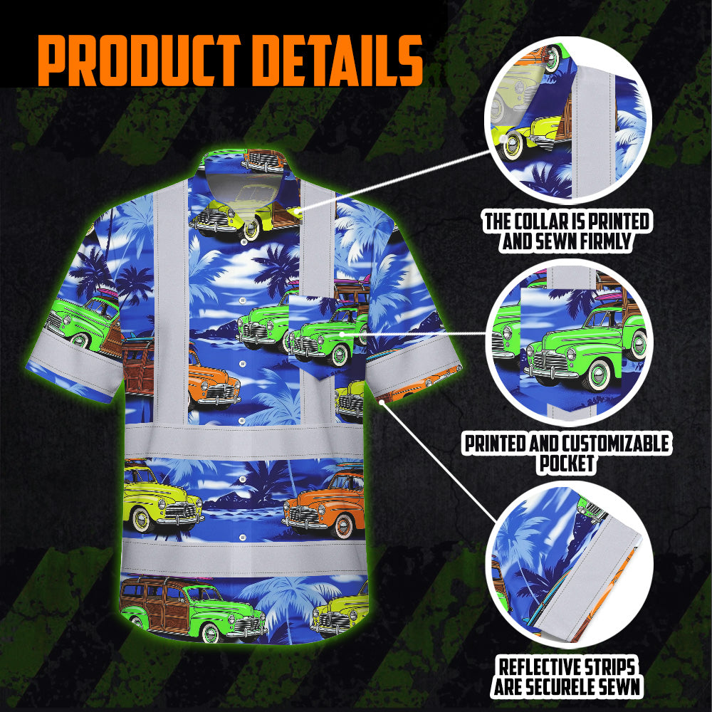 Hi Vis Hawaiian Shirt Reflective Tapes Blue Car Tree Sea Pattern Custom Name Safety Workwear For Mechanics, Workers, Truckers, Operators